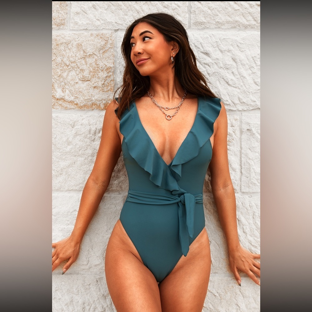 Luminescent Plunge Ruffled Belted Teal One Piece CUPSHE Swimsuit